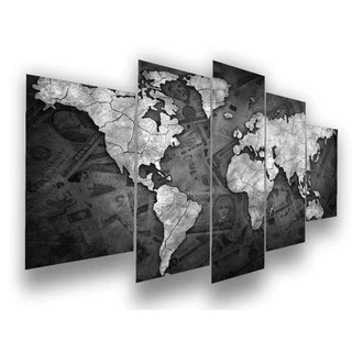 Quadro 5 Peças Mosaico Mapa Mundi Money 4k Mdf3mm