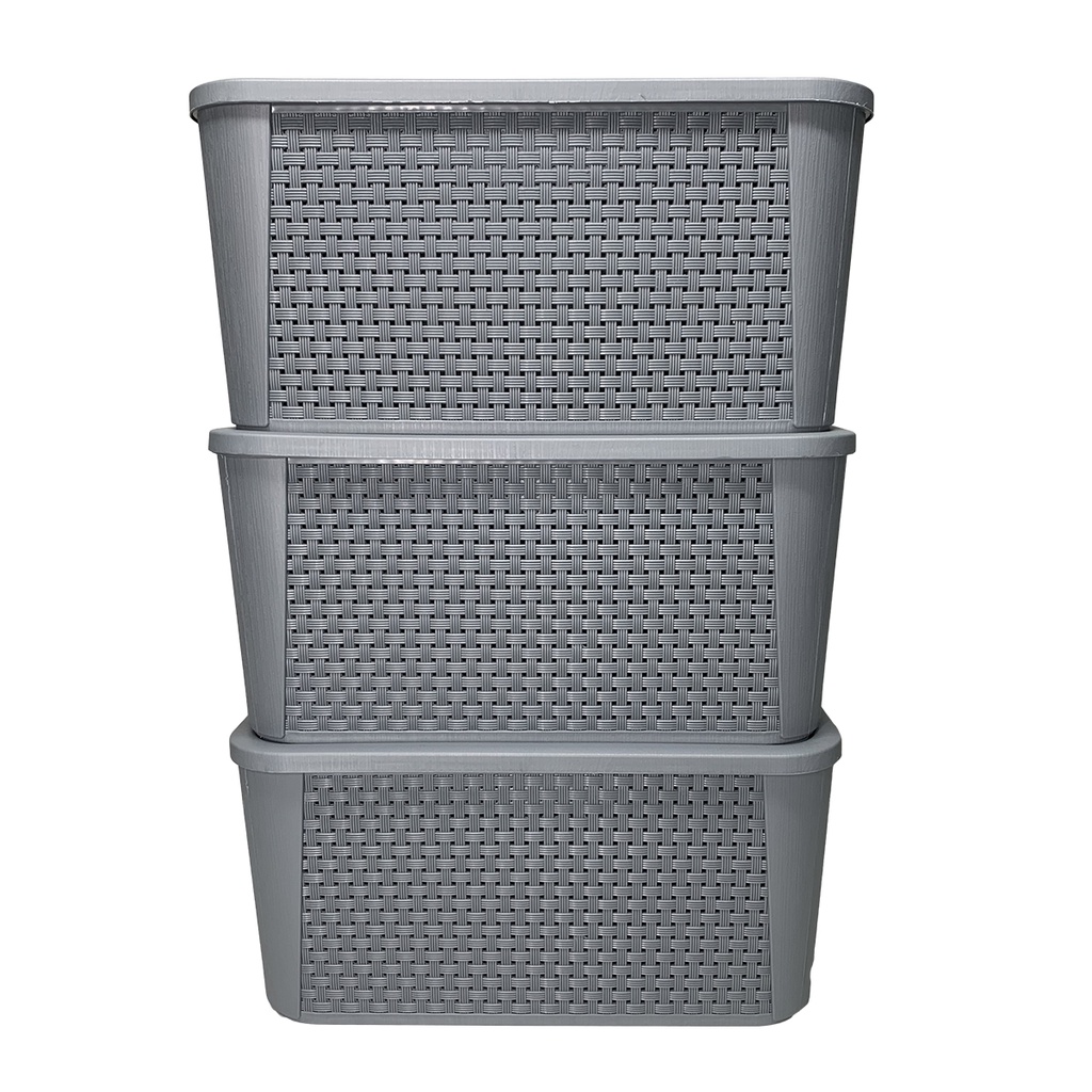 Kit 3 Caixas Organizadoras com Tampa Grande Retangular Rattan Cinza