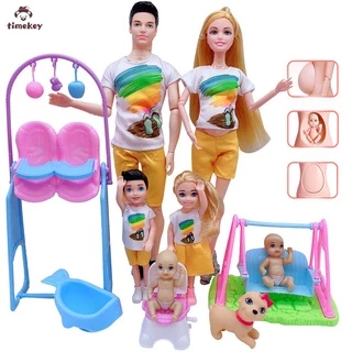 TK 6pcs Família Boneca Grávida Mamãe Bebê Pai Crianças Para Bonecas Barbie Conjunto