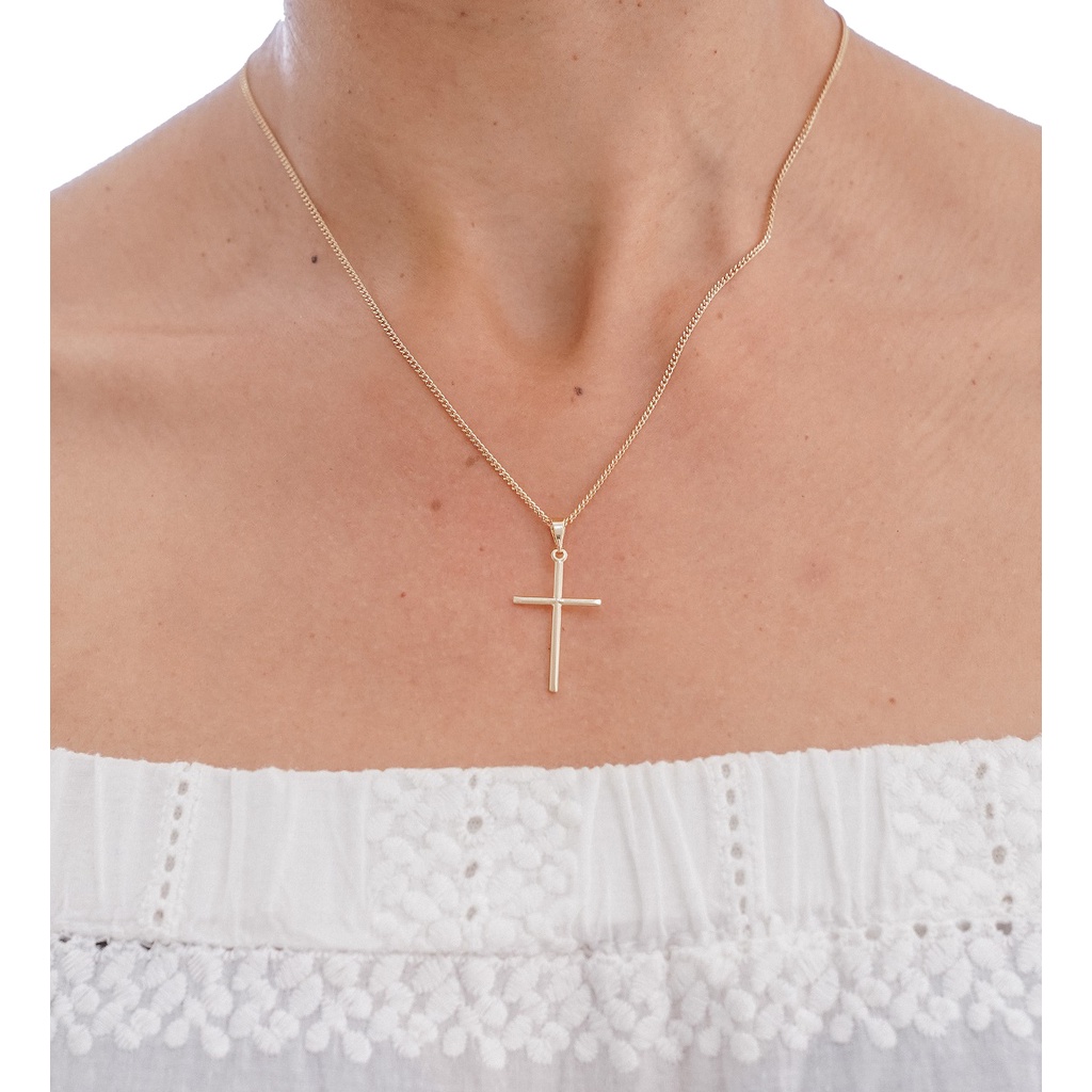 Colar Correntinha Feminina 45cm Banhada A Ouro 18k + Pingente Cruz ...