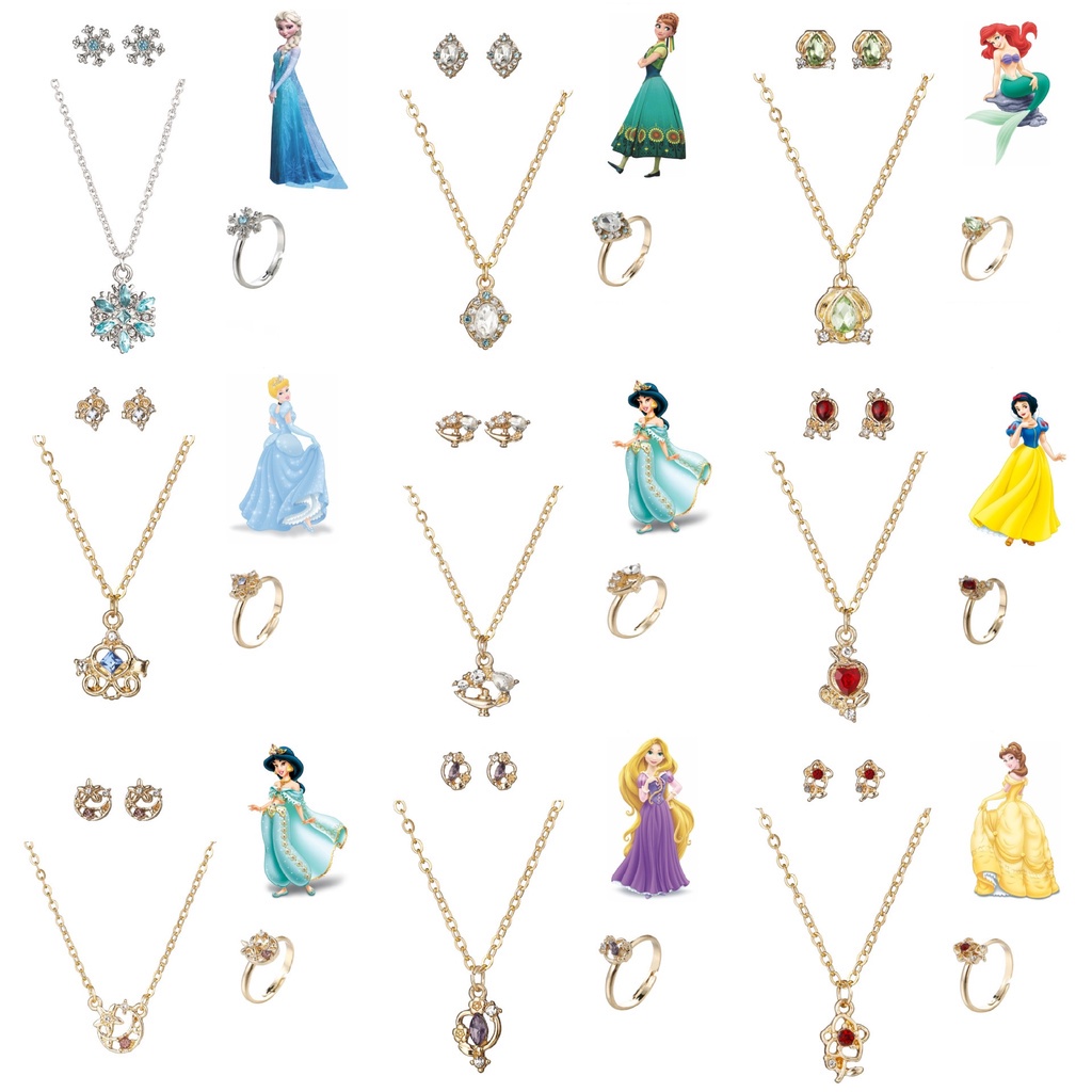 3 Pçs/Set Disney Princesa Anel Brinco Colar De Moda Feminina Elegante Coroa Embutidos Zircon Ajustável Aberto Presente Da Jóia Conjunto