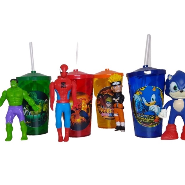 Copo + Bonequinho Infantil de Personagem - Hulk, Homem Aranha