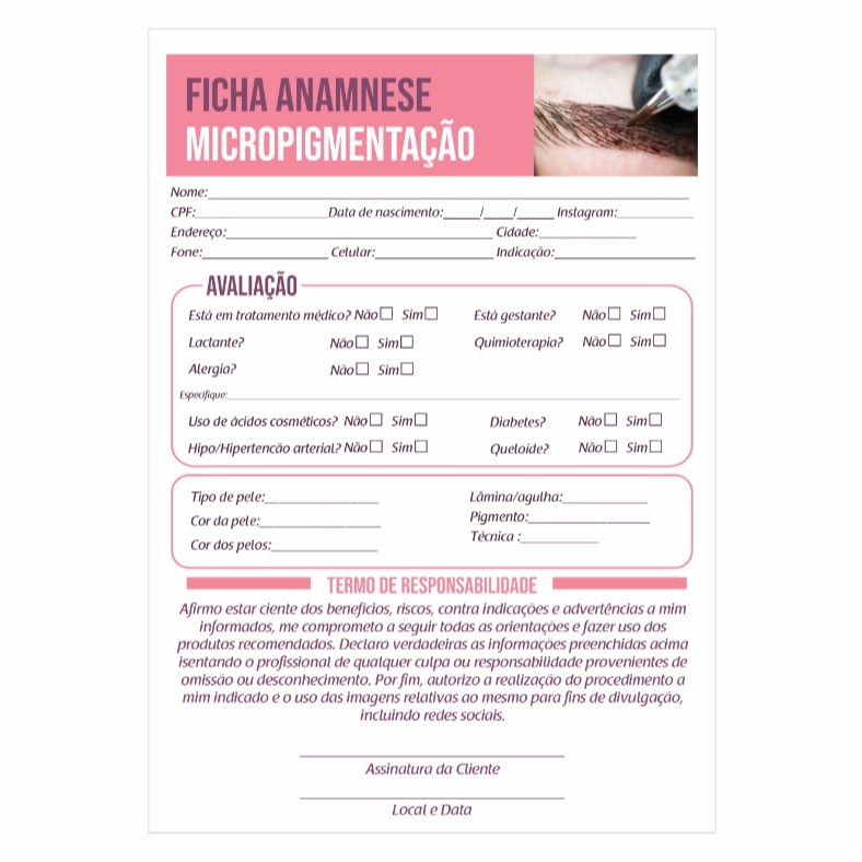 Ficha de Anamnese Micropigmentação - 50 folhas