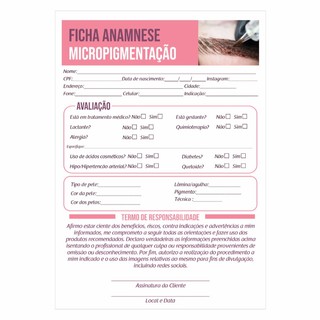 Ficha Anamnese Para Micropigmentação - 10 Unid