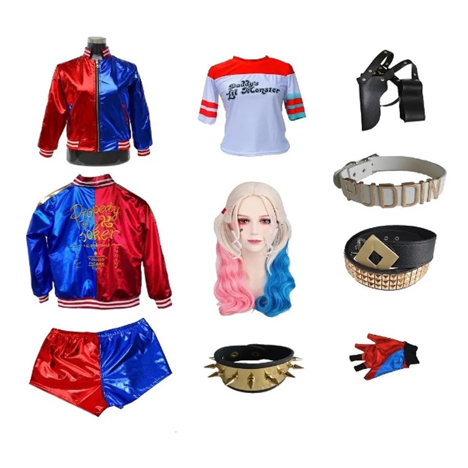 Fantasia Cosplay Harley Quinn Arlequina Completa 10 peças Com Peruca ...