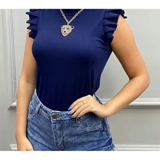 Blusa Feminina Canelada com Babado Regata Gola Redonda - blusinha babadinho  moda blogueira