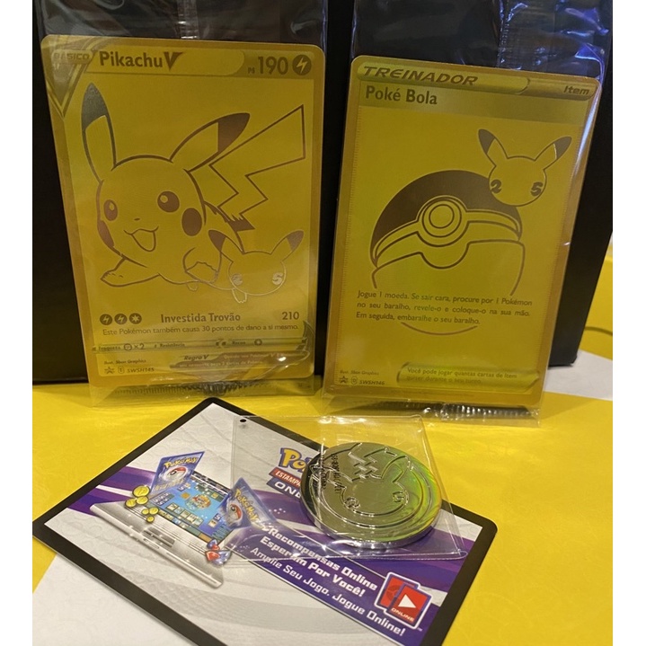 Box Coleção Dourada Pokemon 25 Anos Pikachu V Pokebola Com Cartas