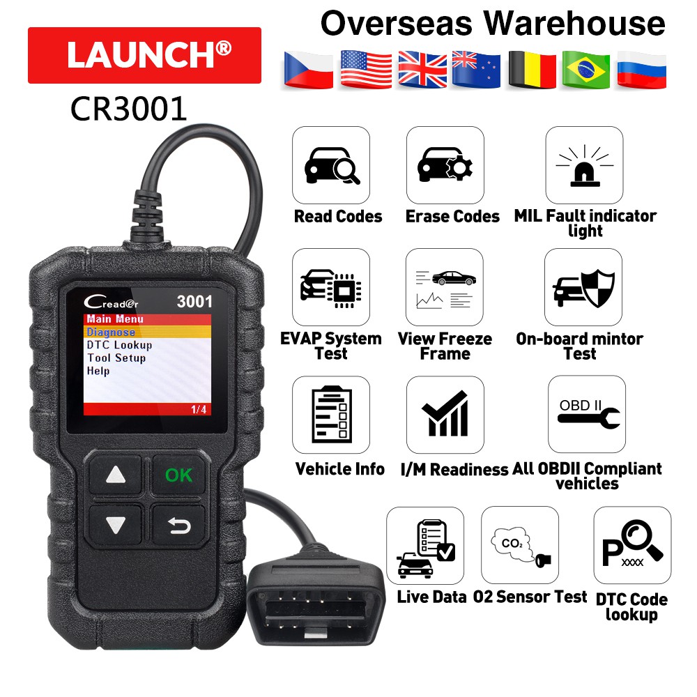 Scanner Auto Launch CR3001 OBD2 Français - Lecture Codes Erreur, Test EVAP/O2, Mise à Jour Gratuite