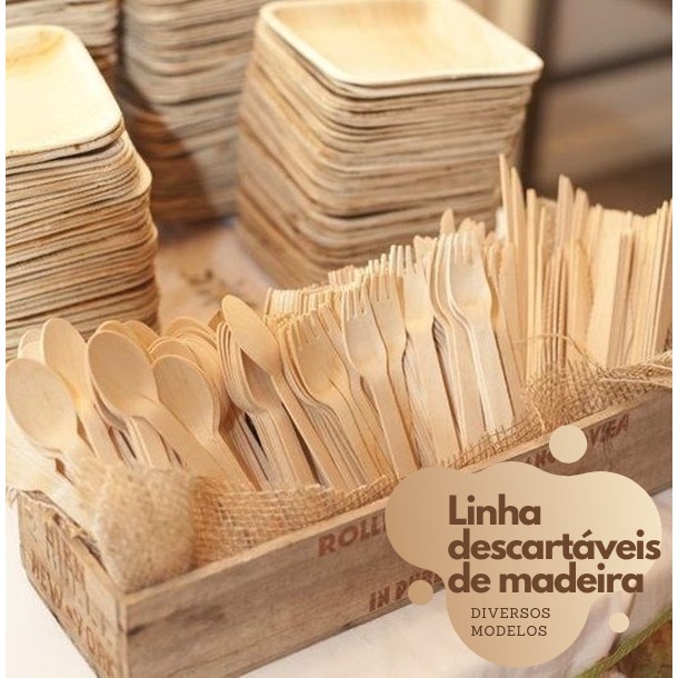 Pratos Redondos E Quadrados 100% Madeira Descartável 10 Unidades