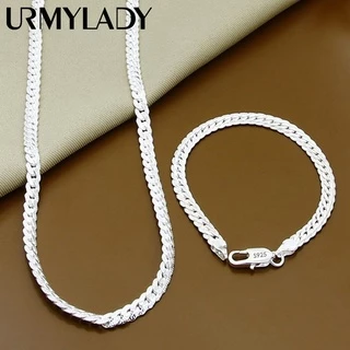 URMYLADY 925 Prata Esterlina 2 Pedaços De 6mm Colar De Corrente Lateral Completo Pulseira Para Mulheres Homens Conjuntos De Jóias Presente De Casamento