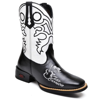 Bota Masculina Country Texana Bico Quadrado Cano Alto Preta e Branca Tião