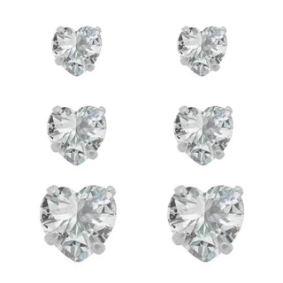 Trio de Brincos Prata 925 Ponto de Luz Zircônias Coração 3/4/5mm