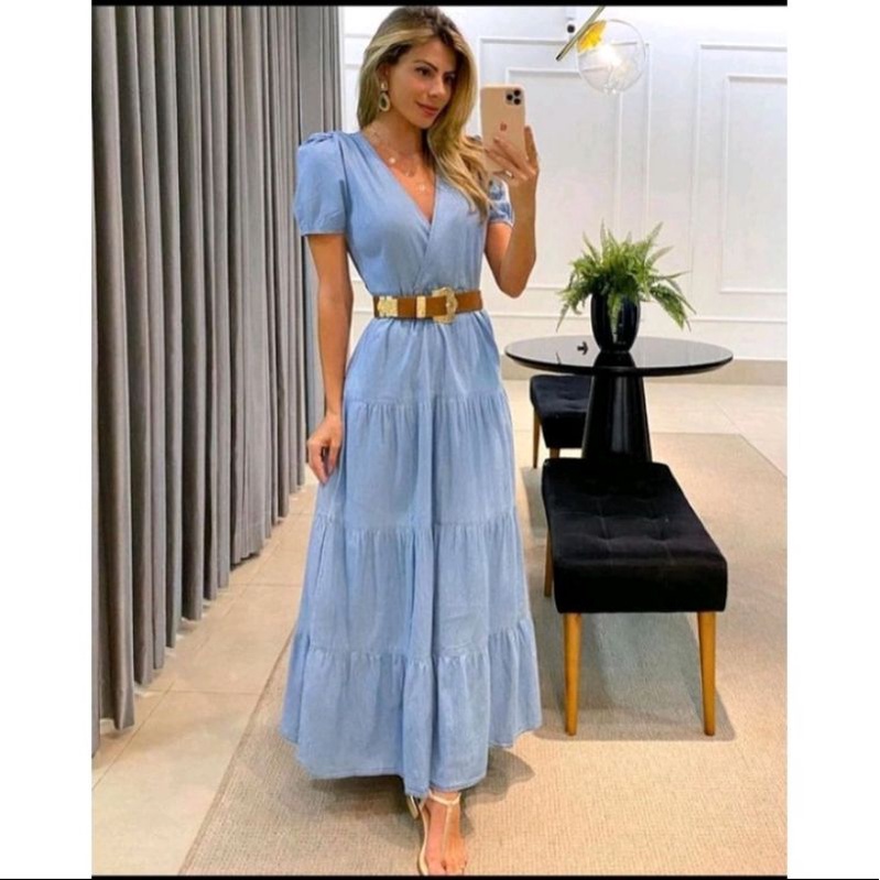 vestido longo jeans fino | Shopee Brasil