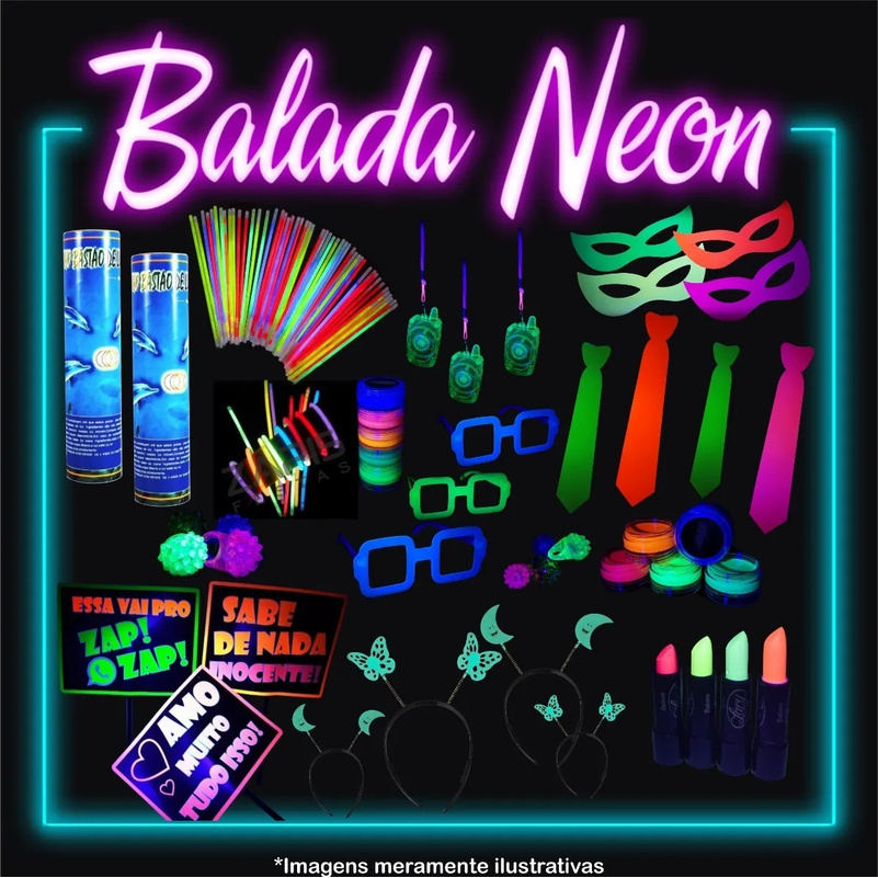 Kit Festa Balada Neon Adereços 127 Itens + Maquiagem Neon