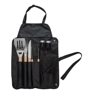 Kit Churrasco Inox 8 Peças Avental Preto De Nylon
