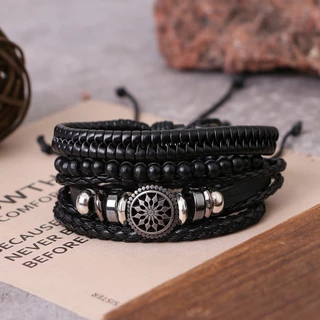 4 Pçs/set Ajustável Pulseiras De Couro Para Homens Trançado PU Preto Brown Bangle Life Tree Leaf Leme Charm Bracelet Presente