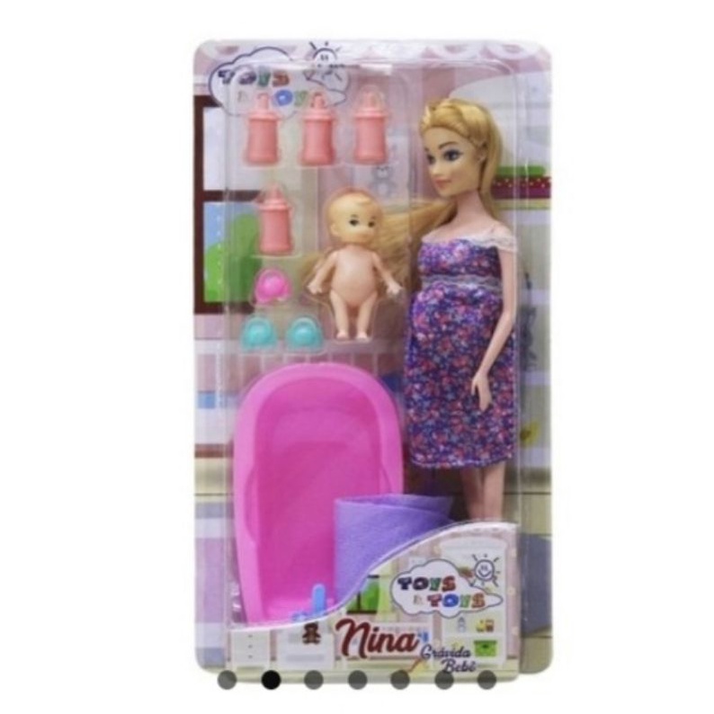 Boneca Nina Grávida 28 Cm Plástico c/ Bebê e Acessórios - 145878