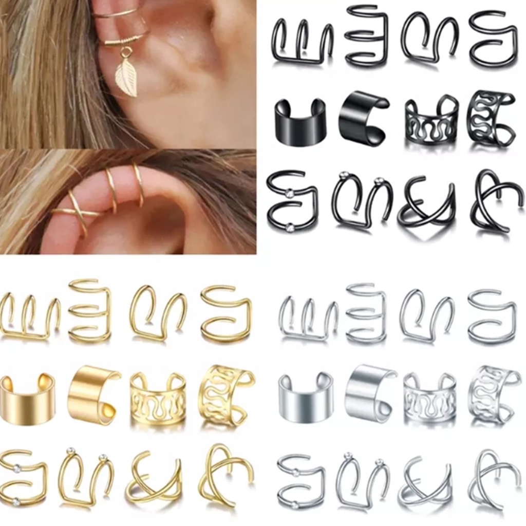 Kit 12 Brincos Pressão Piercing Orelha Ouro Prata Preto