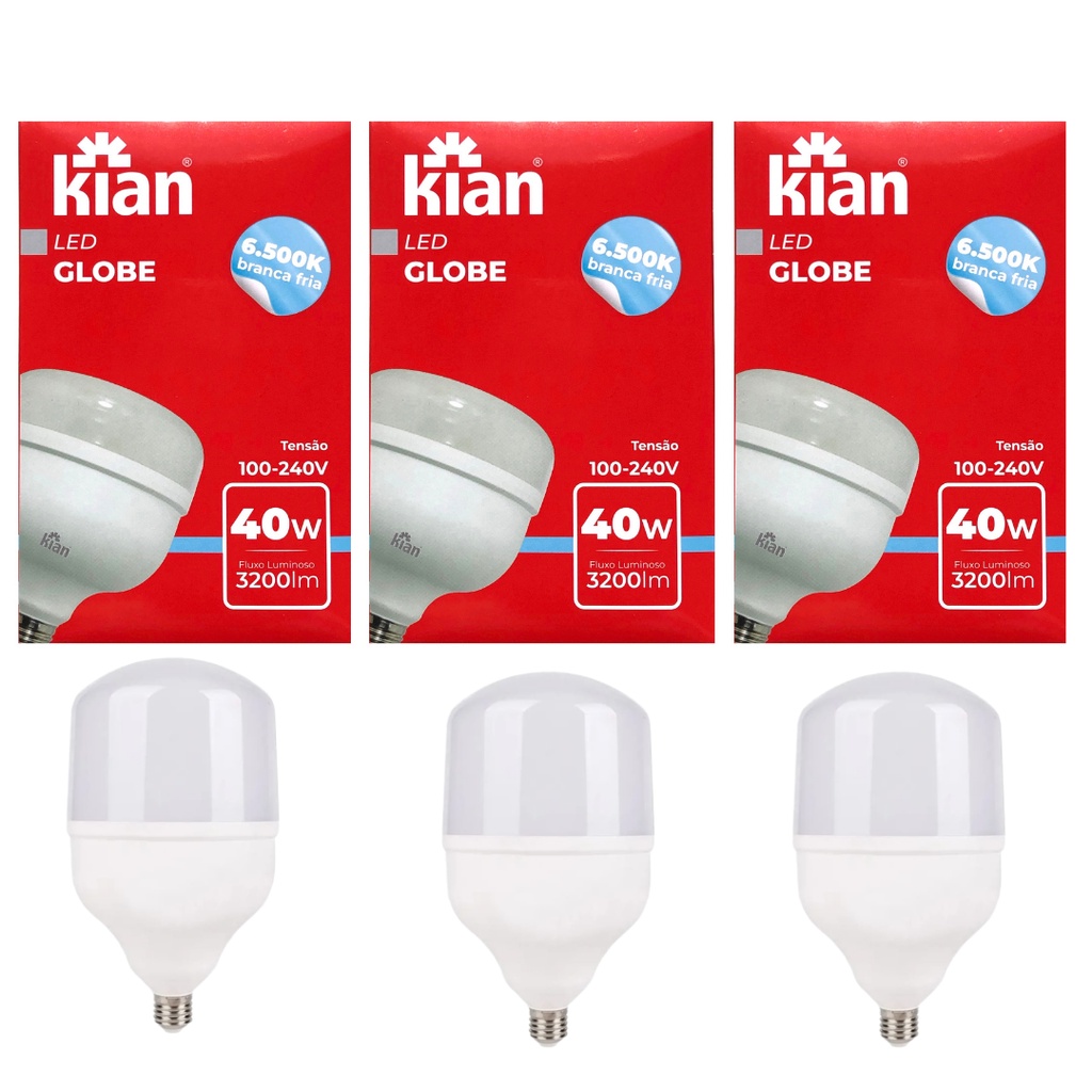 Kit 3 Lâmpadas LED Globe 40w Iluminação Externa Luz Branca Fria 6500k Alta Potência | Shopee Brasil