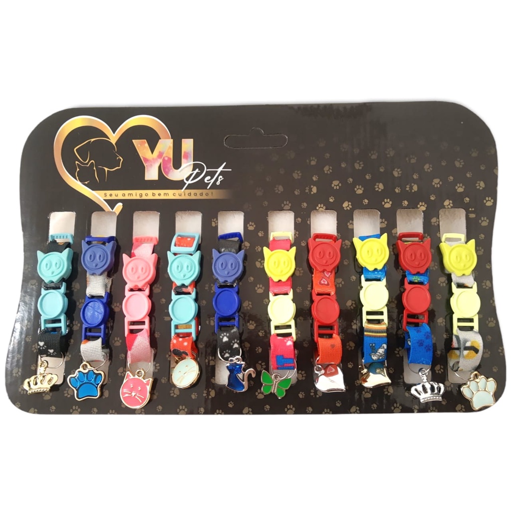 Coleira para gato Elástica Estampada Luxo c/ fecho Anti-enforcamento Cartela c/ 10 Coleiras