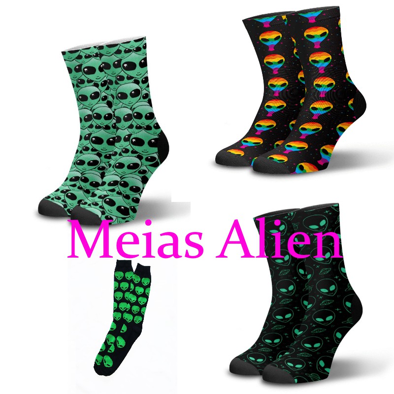 Meias Divertidas Cano Longo Cano Alto Alien Crossfit Academia Skate Patins Corrida Street Wear