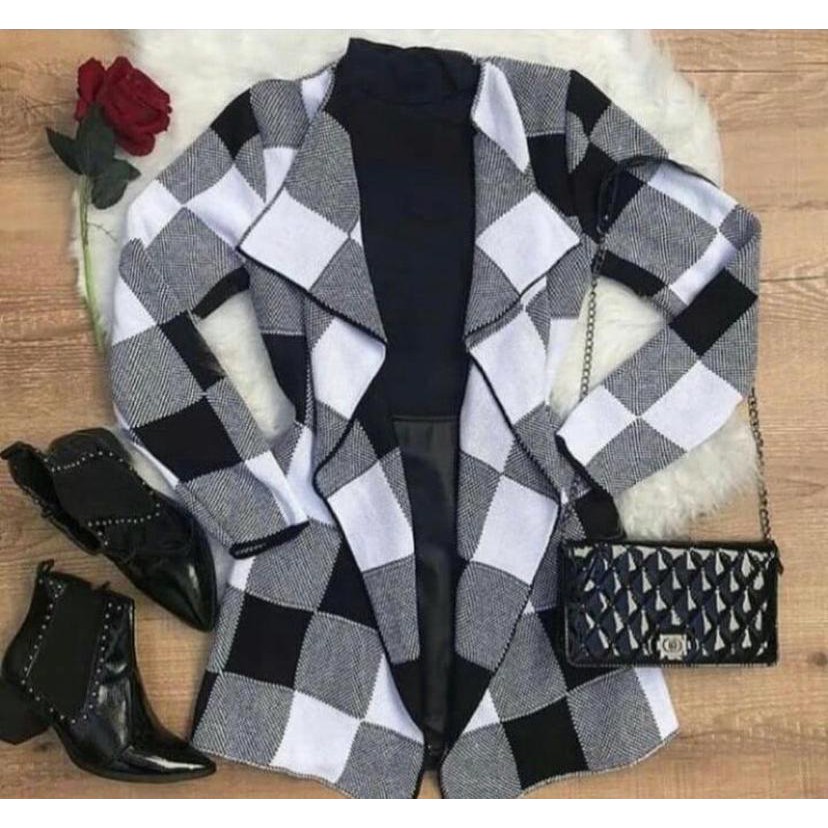 Casaco Xadrez Cardigan Trico Inverno Manga Longa Trico Frio Longo