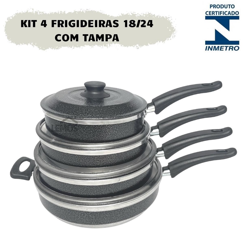 Jogo De Frigideiras 4 Peças Com Tampa Alumínio Craqueada Kit Conjunto Ideal Para Cozinha