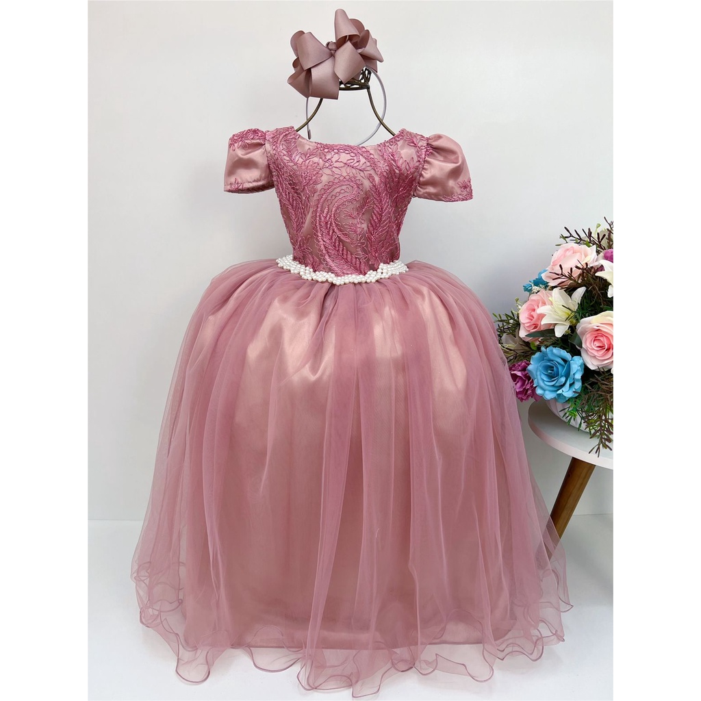 Vestido de dama/daminha de honra para casamento rosé com aplicações de  pérolas e renda