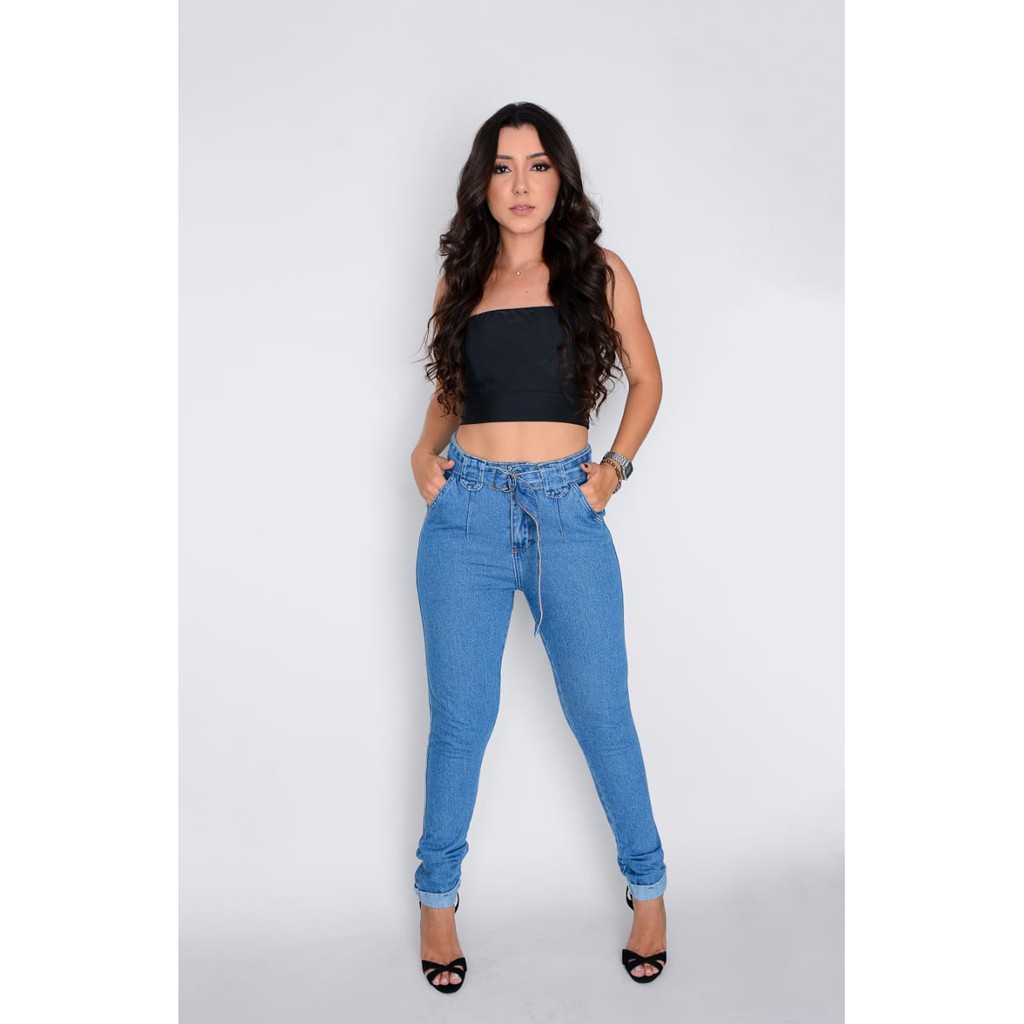 Calça Mom Jeans Feminina Cintura Alta com Cinto Moda Tendência