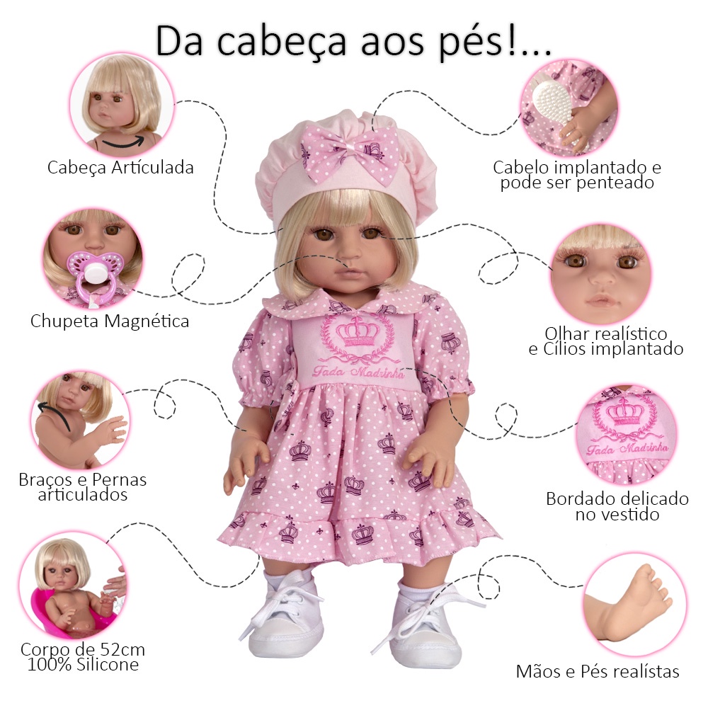 Boneca Bebê Reborn Realista 52cm Loira Silicone Vários Itens - USA Magazine