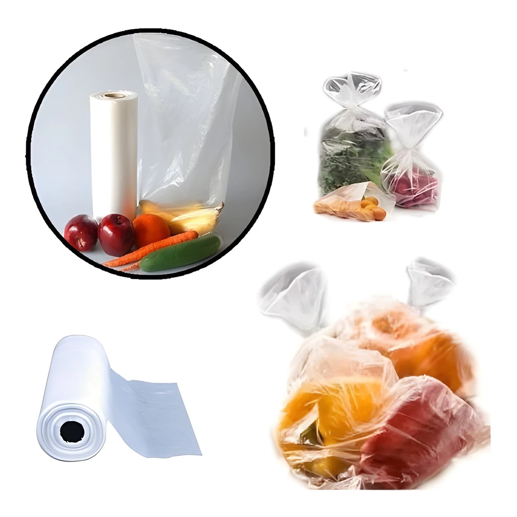 Composição com rolo de plástico picotado e diversos tipos de alimentos embalados em sacos transparentes