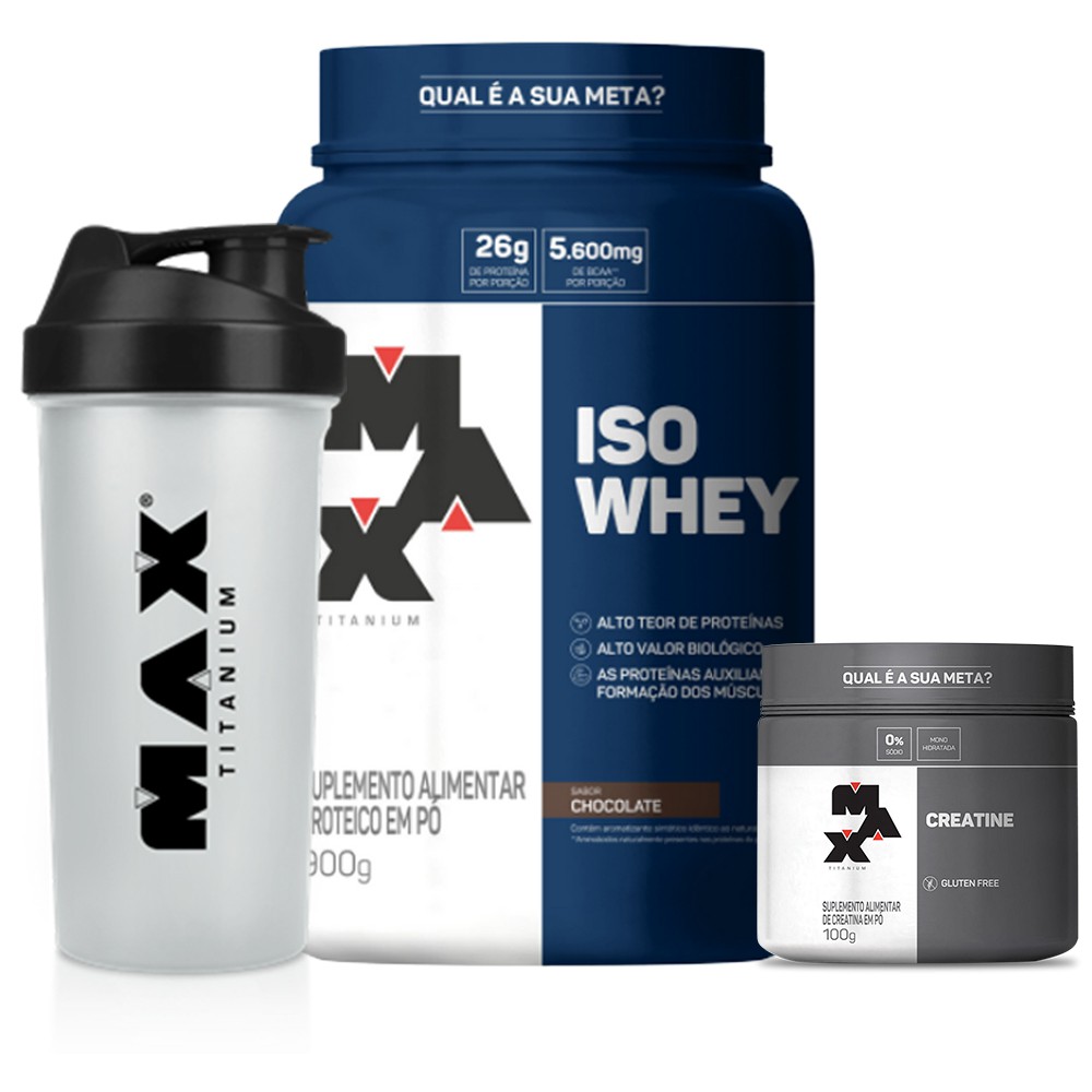 Kit Iso Whey 900g + Creatina 100g + Coqueteleira – Max Titanium Promoção
