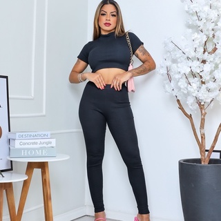 Conjunto Feminino Tecido ribana canelado mais grosso de alta elasticidade  confortavel cropped e calça