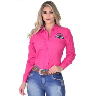 Camisa Radade Country Feminina Pink Rosa com Bordado da Ram 100% Algodão Para Festivais Rodeios Veste Bem