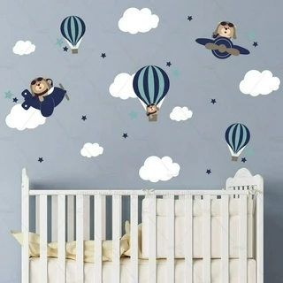 Adesivo De Parede Infantil Balao Nuvens Urso Aviador Xd