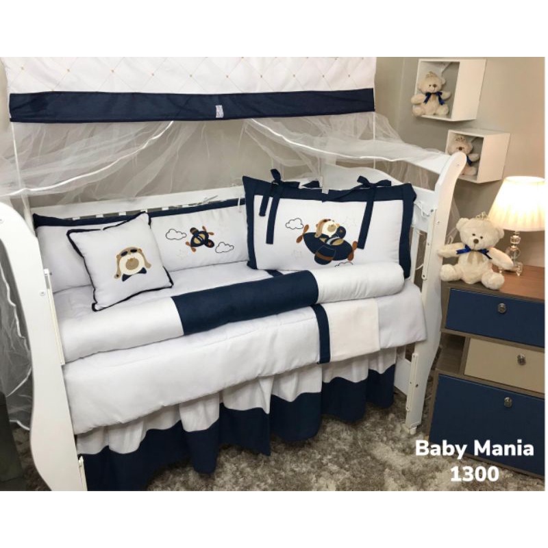 Kit Berço Aviador Azul Marinho 11 peças 100% algodão Baby Mania