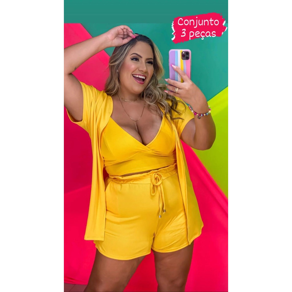 Conjunto Plus Size Cropped Short e Kimono Moda Roupas Feminina gg no  Shoptime