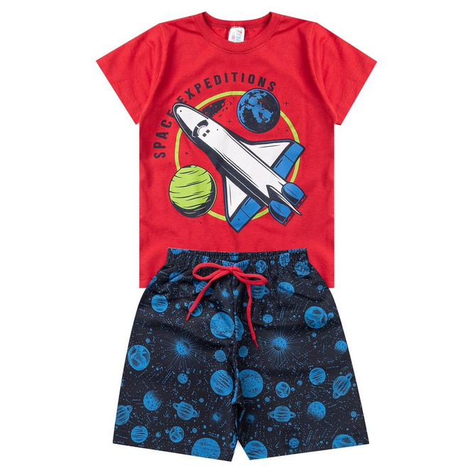 Conjunto Infantil Masculino Camiseta e Bermuda Tactel Vermelho/Vermelho