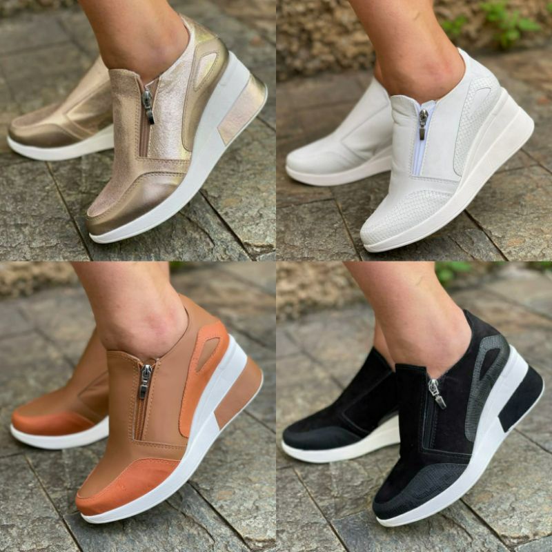 Tênis feminino salto plataforma sneakers em couro ortopédico