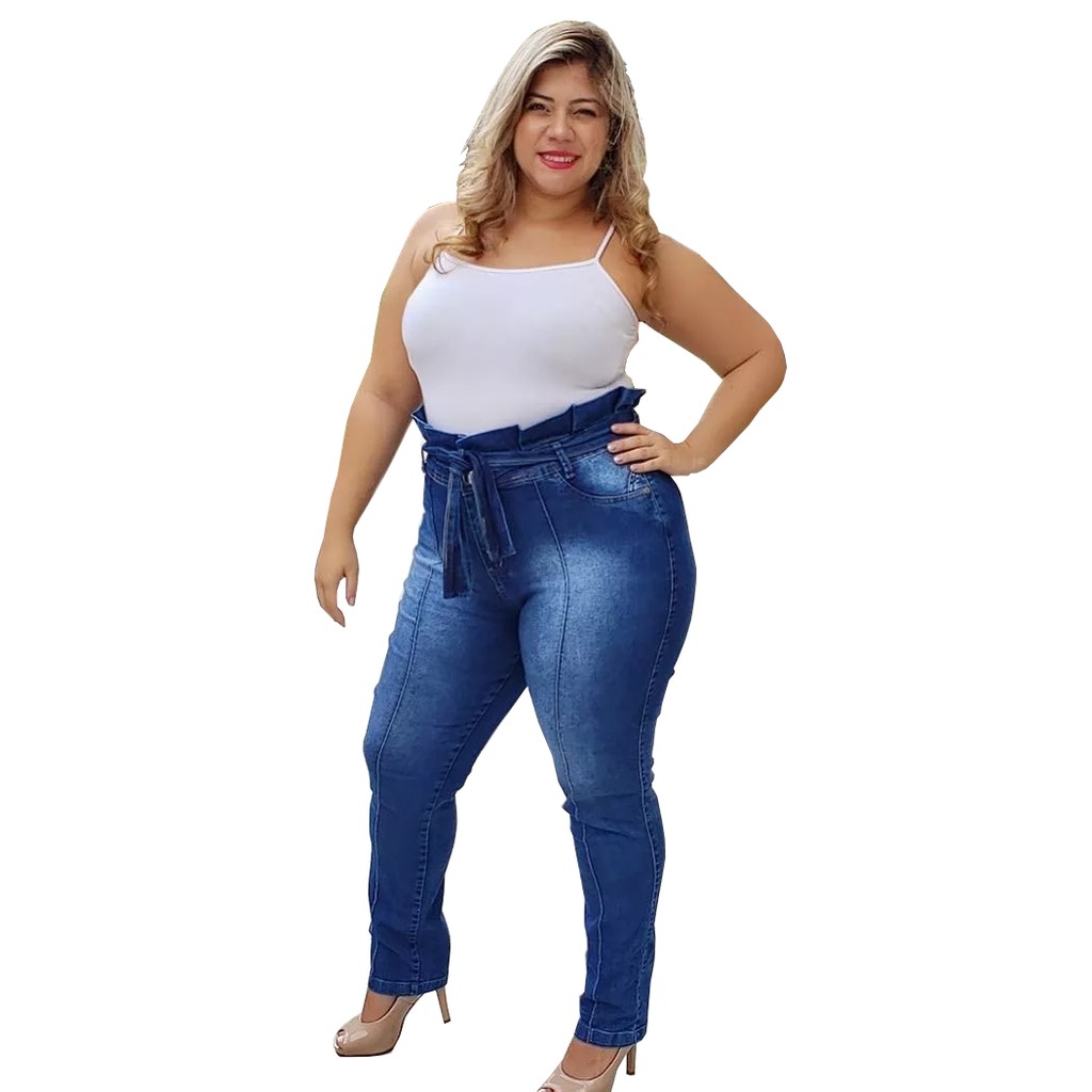 Calça Jeans Feminina Cintura Alta Plus Size Com Clochard