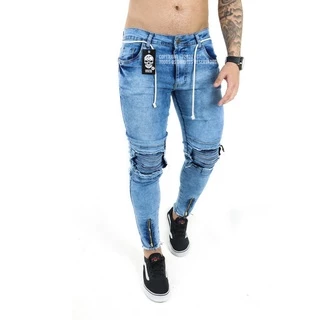 Calça jeans rasgada Skinny Lycra zíper Promoção