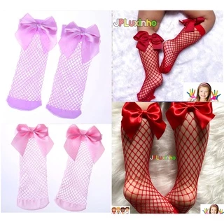 Meia soquete Rosa vermelha ou lilas com lacinho laço arrastão infantil blogueirinha 3/4 modinha para bebe e criança Atacado