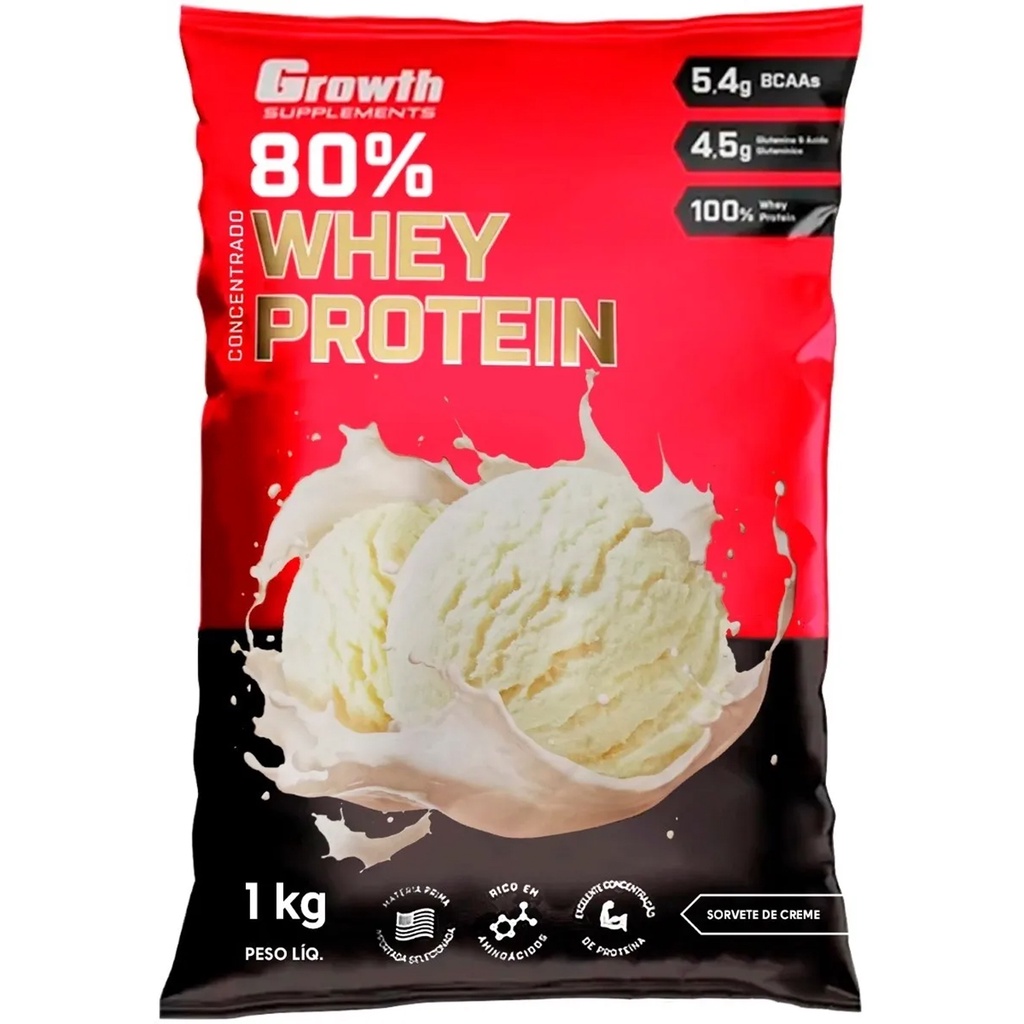 Whey Protein Sorvete De Creme 80% Proteína Concentrado 1Kg Growth Suplementos Original