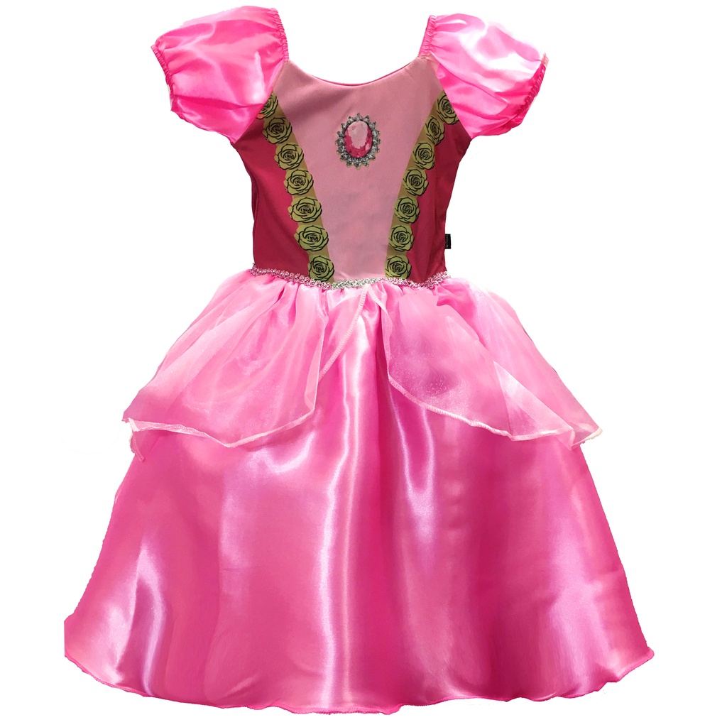 Vestido Princesa Infantil Rosa Roupa Realeza Médio Luxo serve para Festa de Aniversário temático da Aurora e Fantasia de Criança para Carnaval