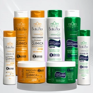 2 Kits Capilar Pós Química e Antiqueda 8 Produtos (2 Shampoos, 2 Condicionadores, 2 Mascaras e 2 Produtos) Profissionais - Bella Flor
