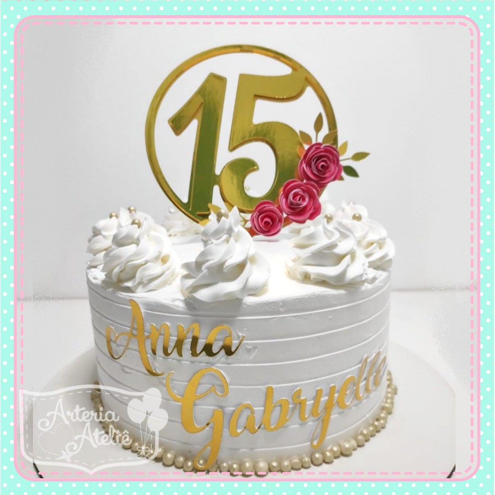 Toper Topo de Bolo Aplique Tag Festa Aniversário 15 anos dourado rosé ...