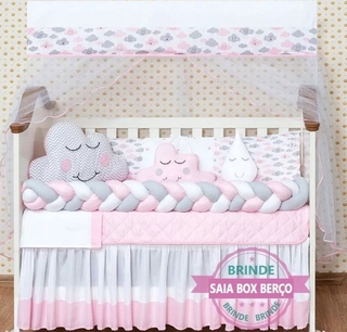 Kit Berço Trança Nuvem Rosa Bordado 11 Peças