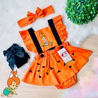 Jardineira Romper Saia Pedrita Flintstones + Faixa de cabelo