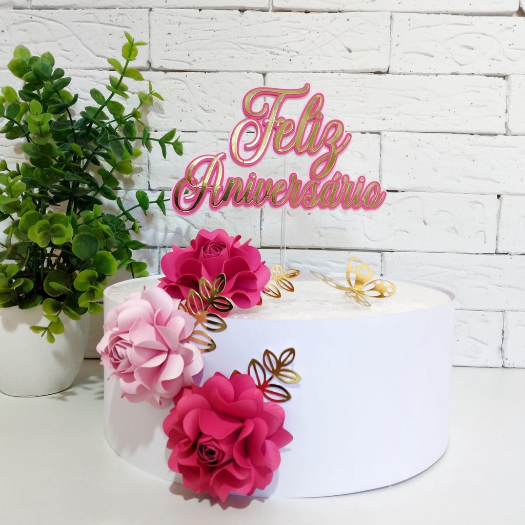 Onde Comprar Topo de bolo feliz aniversário com flores - topper para ...