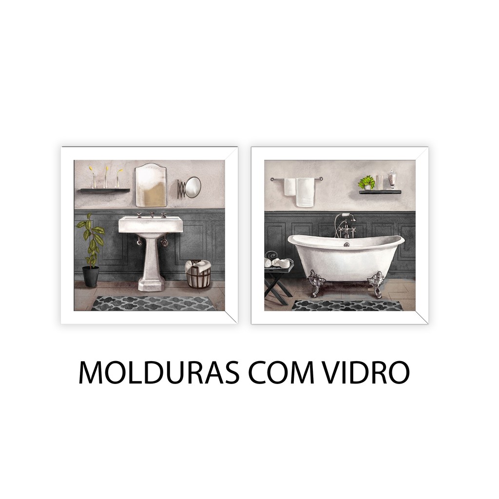 Kit Quadros Decorativos Banheiro Lavabo Toalete Cinza Molduras Em Madeira Com Vidro